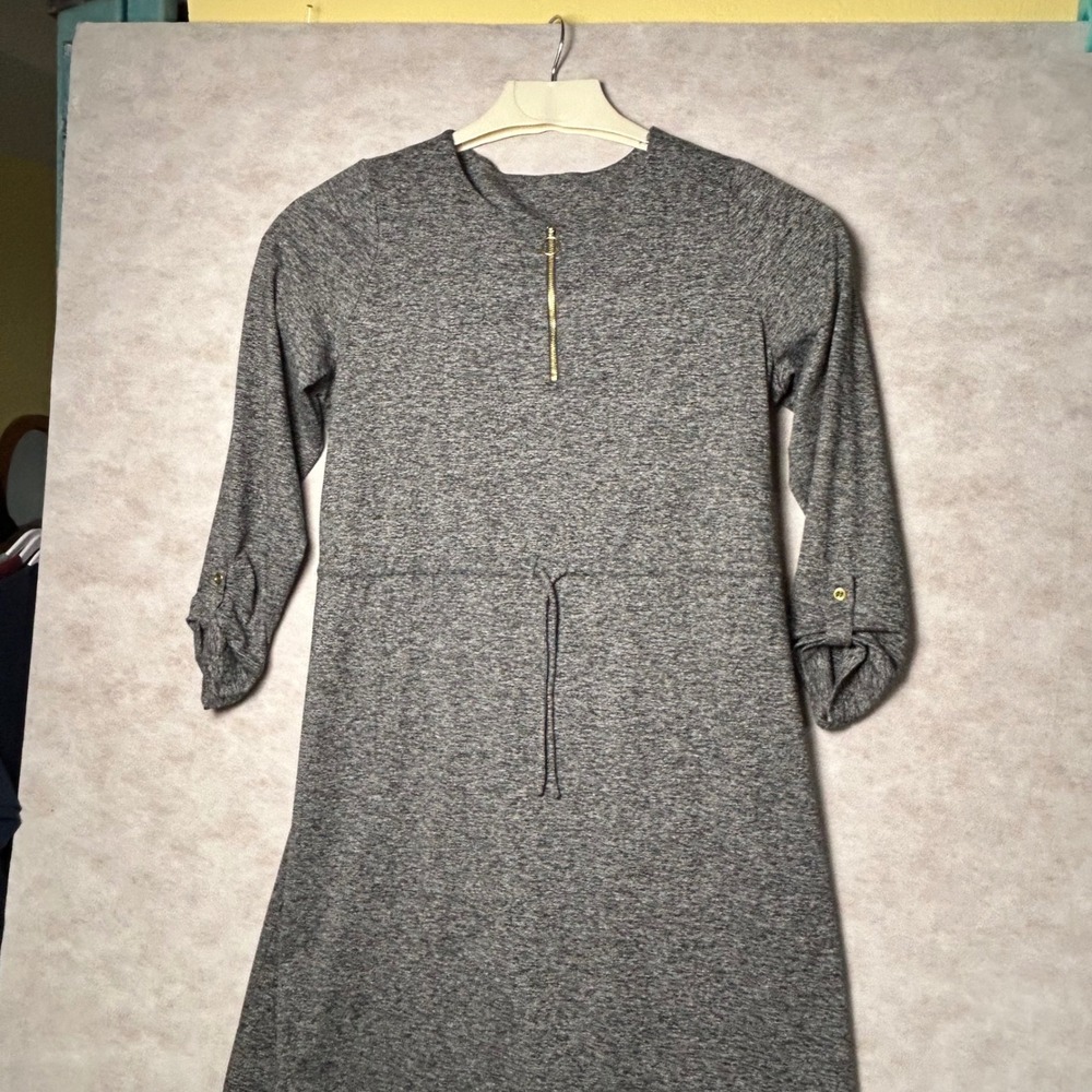 AMBERNOON II Gray Heathered Quarter Zip Drawstring Waist Long Sleeve Dress‎